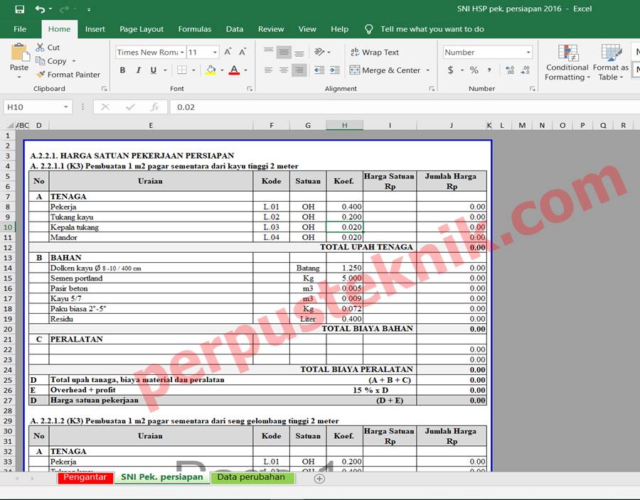 Download File RAB Excel Analisa SNI HSP - PerpusTeknik.com